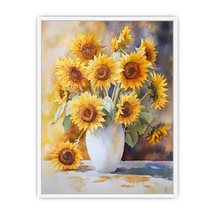 Watercolor sunflower bouquet in white vase canvas for warm farmhouse kitchen decor.