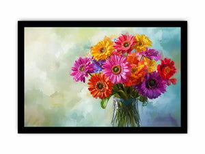 Colorful gerbera daisy bouquet in glass vase canvas for bright modern living room decor.
