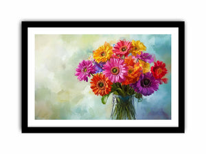 Colorful gerbera daisy bouquet in glass vase canvas for bright modern living room decor.