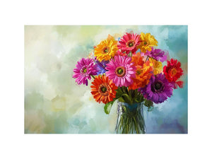Colorful gerbera daisy bouquet in glass vase canvas for bright modern living room decor.