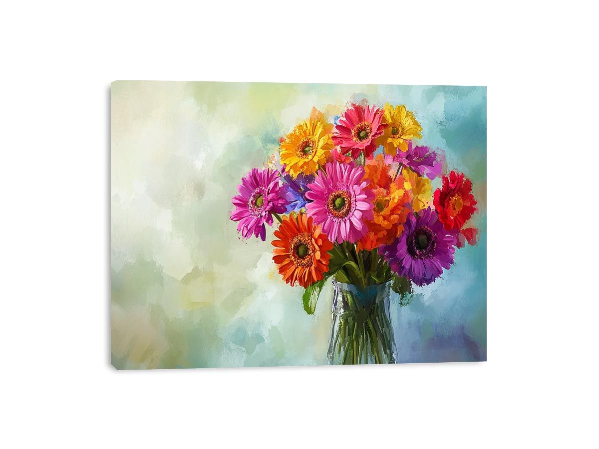Colorful gerbera daisy bouquet in glass vase canvas for bright modern living room decor.
