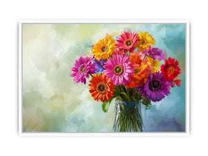 Colorful gerbera daisy bouquet in glass vase canvas for bright modern living room decor.