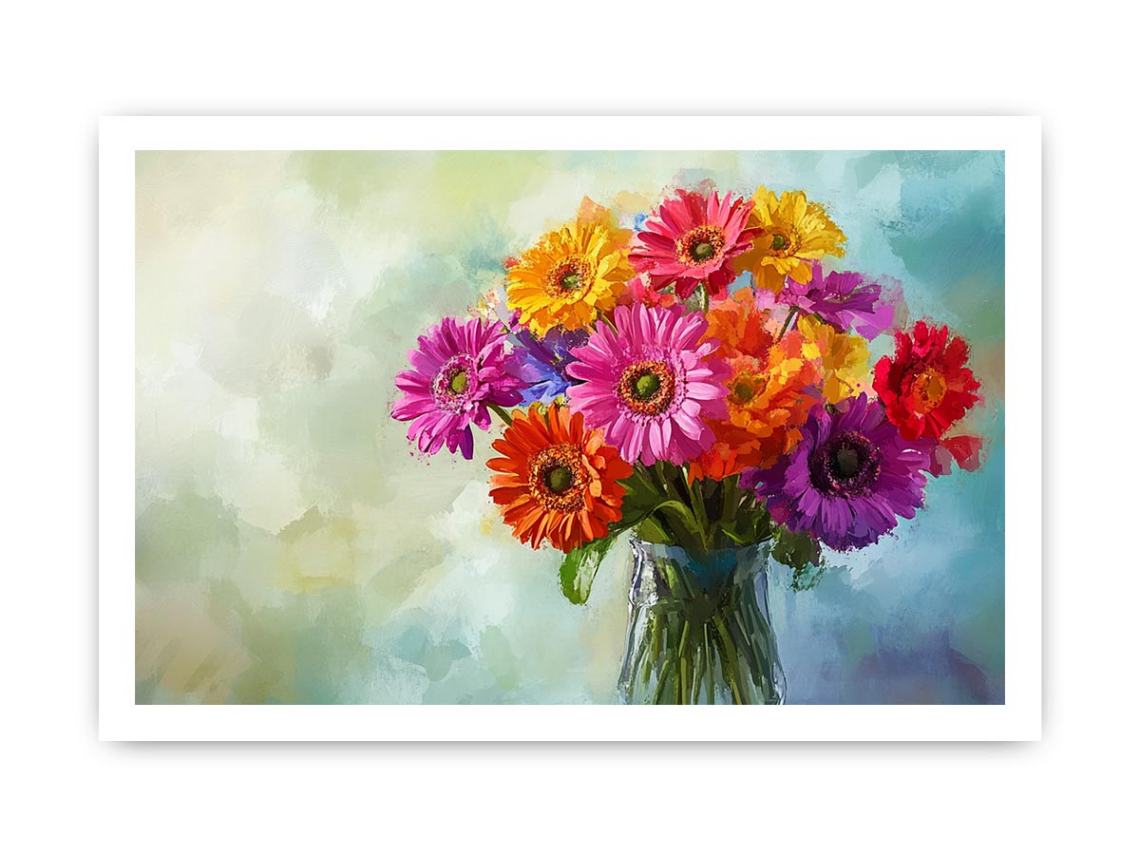 Colorful gerbera daisy bouquet in glass vase canvas for bright modern living room decor.