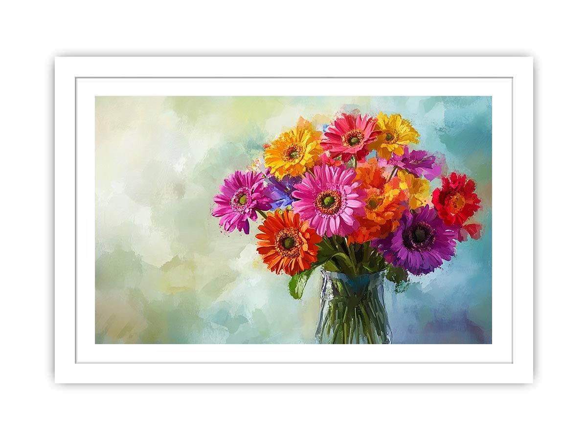 Colorful gerbera daisy bouquet in glass vase canvas for bright modern living room decor.