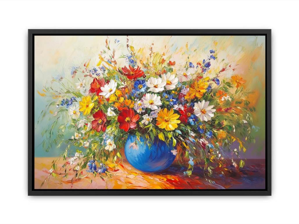Vibrant wildflower bouquet in blue vase canvas for colorful living room wall decor.
