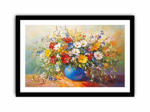 Vibrant wildflower bouquet in blue vase canvas for colorful living room wall decor.