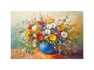 Vibrant wildflower bouquet in blue vase canvas for colorful living room wall decor.