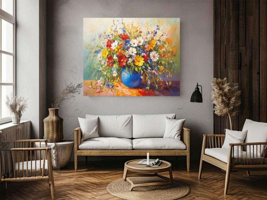 Vibrant wildflower bouquet in blue vase canvas for colorful living room wall decor.
