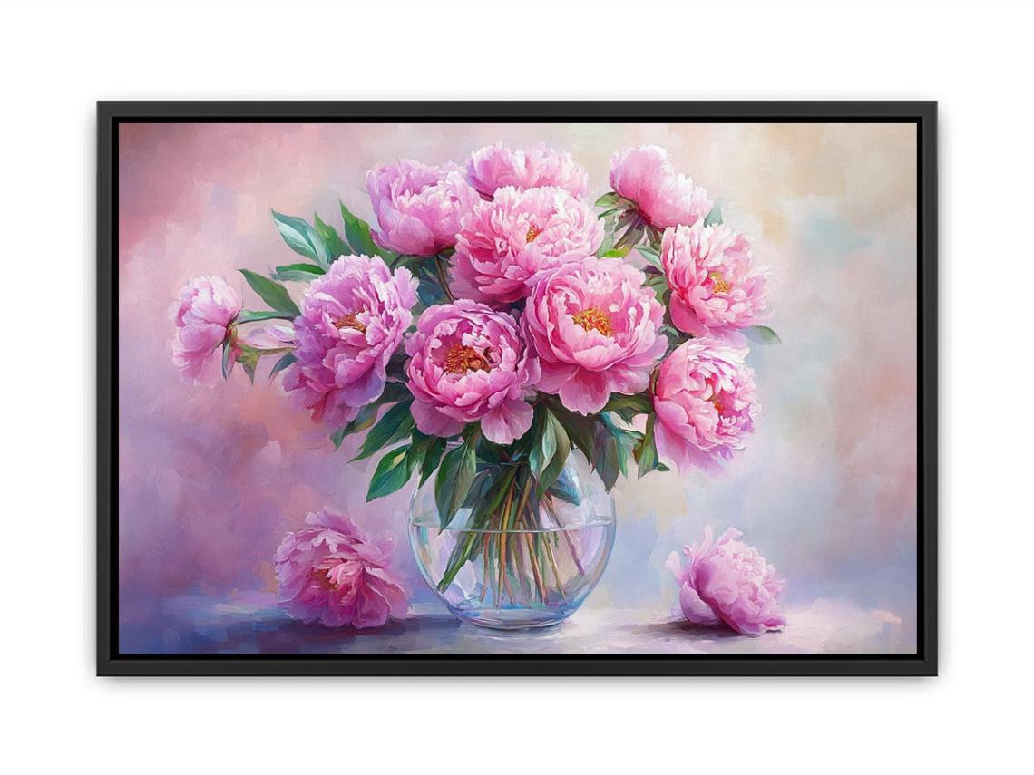 Blush pink peony bouquet in glass vase canvas for romantic bedroom wall decor.
