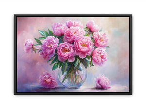 Blush pink peony bouquet in glass vase canvas for romantic bedroom wall decor.
