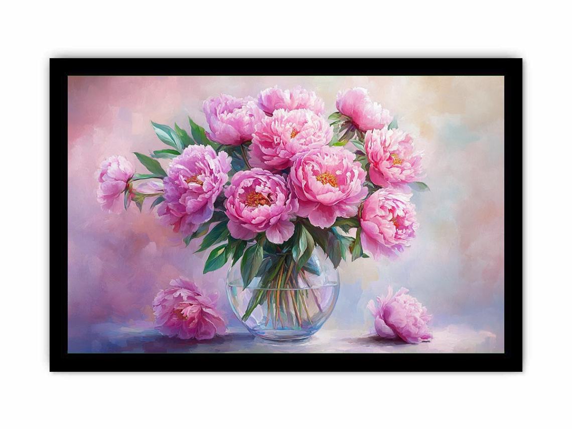 Blush pink peony bouquet in glass vase canvas for romantic bedroom wall decor.
