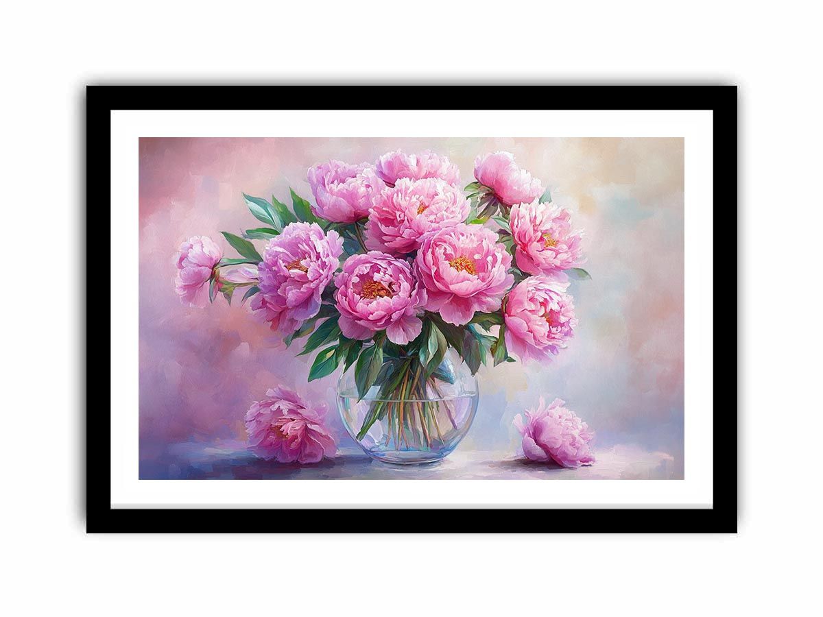 Blush pink peony bouquet in glass vase canvas for romantic bedroom wall decor.