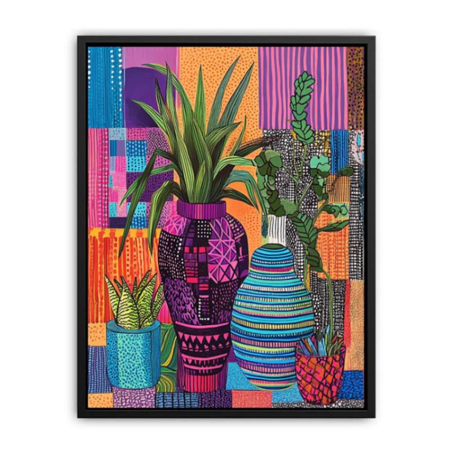 Bold patterned plant and vase canvas for eclectic modern apartment or office decor.