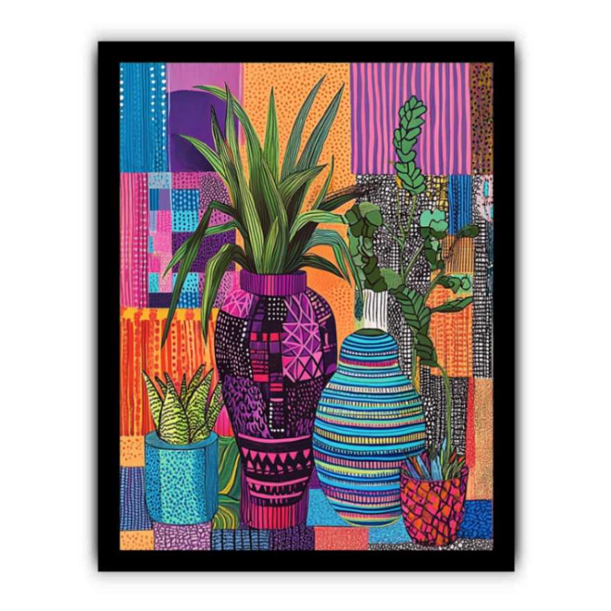 Bold patterned plant and vase canvas for eclectic modern apartment or office decor.