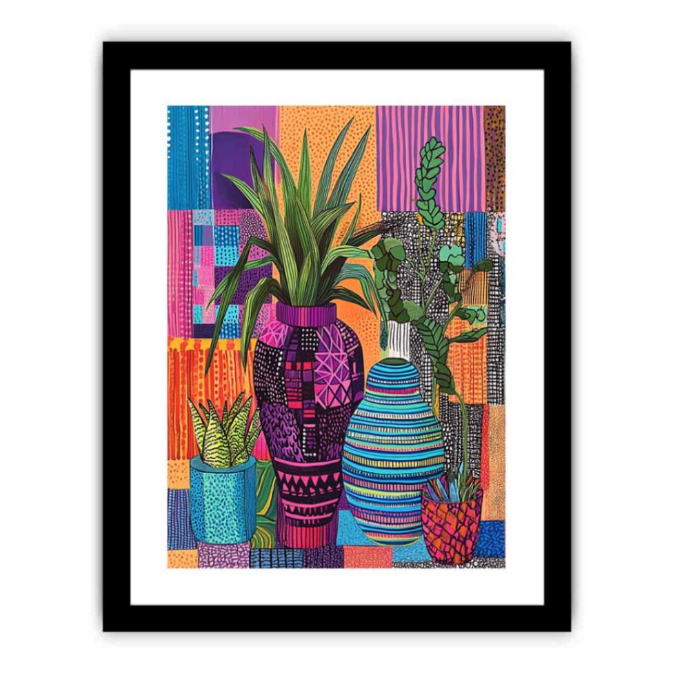 Bold patterned plant and vase canvas for eclectic modern apartment or office decor.