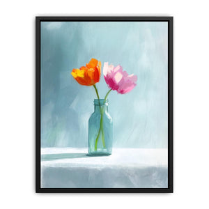 Minimal tulip flowers in glass jar canvas for calm modern bedroom or bathroom decor.