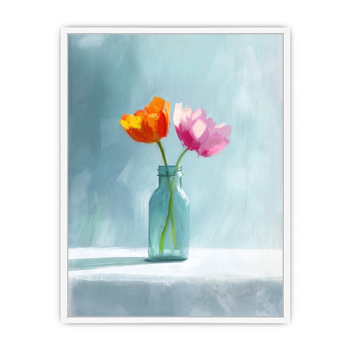 Minimal tulip flowers in glass jar canvas for calm modern bedroom or bathroom decor.