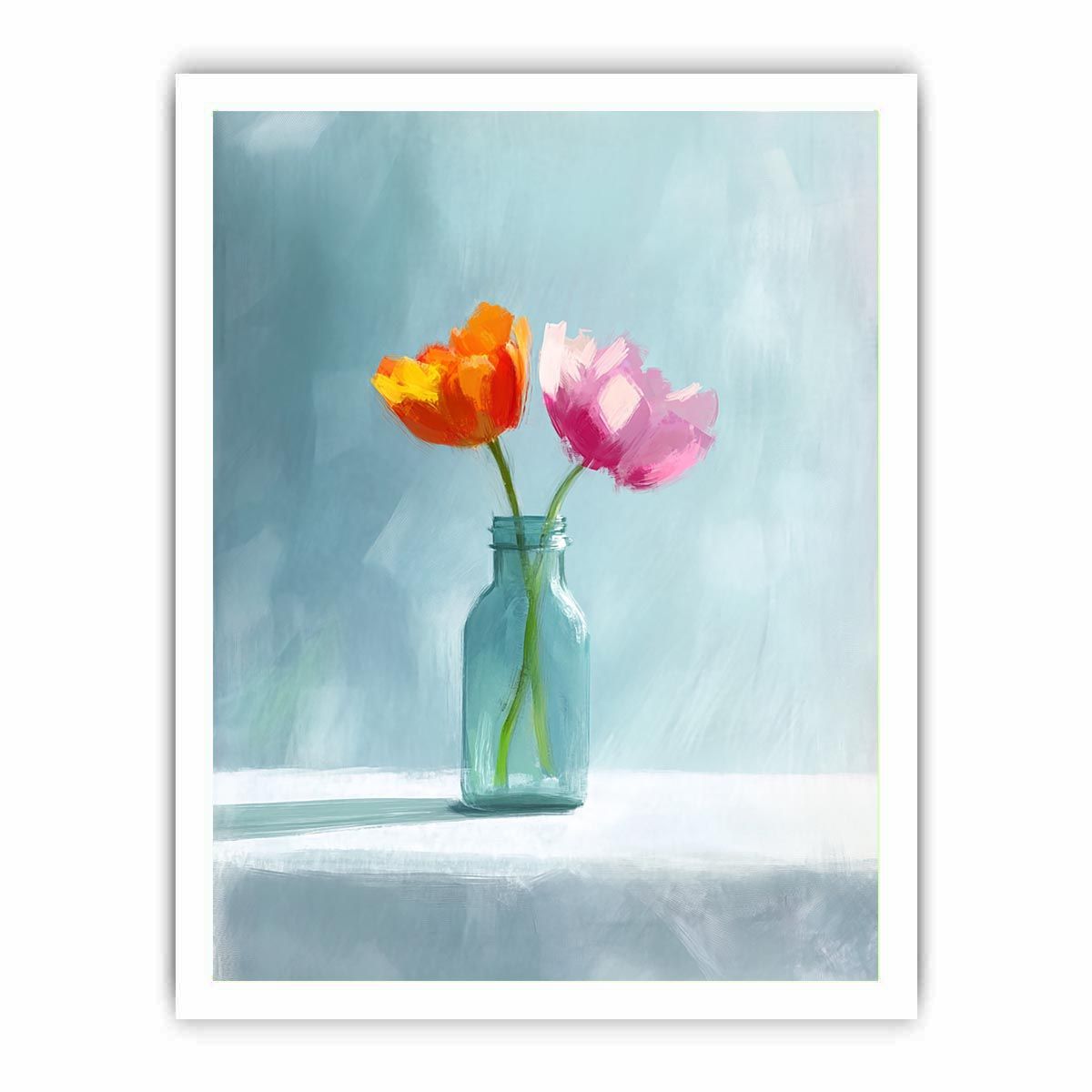 Minimal tulip flowers in glass jar canvas for calm modern bedroom or bathroom decor.