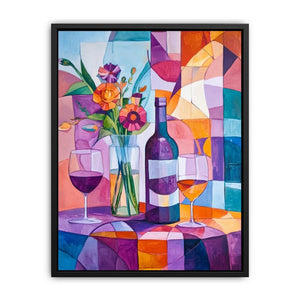 Colorful cubist wine bottle, glasses and flowers canvas for dining room or home bar decor.