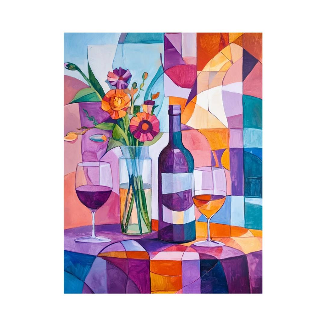 Colorful cubist wine bottle, glasses and flowers canvas for dining room or home bar decor.