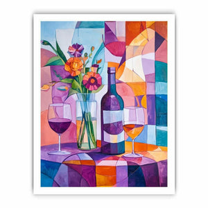 Colorful cubist wine bottle, glasses and flowers canvas for dining room or home bar decor.