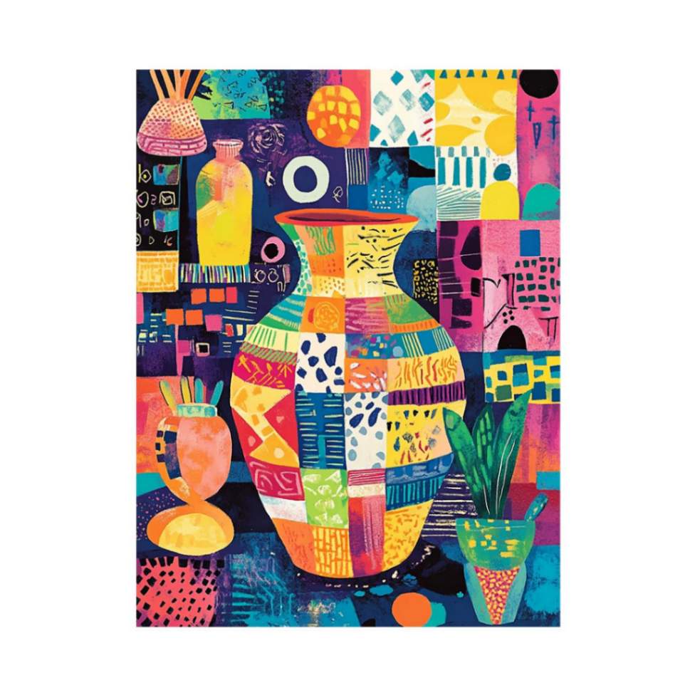 Bright patchwork vase and plant pots canvas for maximalist modern office or apartment decor.