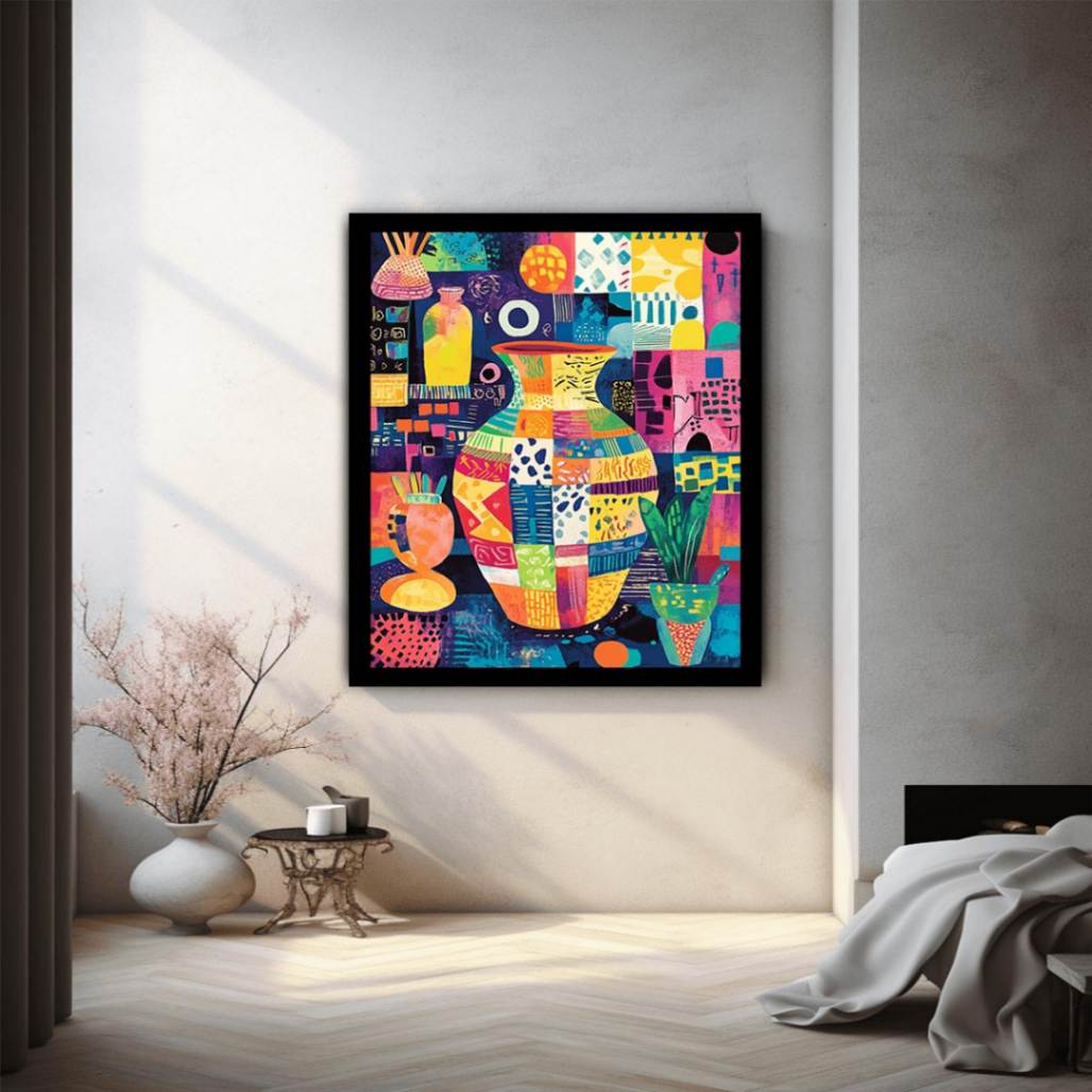 Bright patchwork vase and plant pots canvas for maximalist modern office or apartment decor.