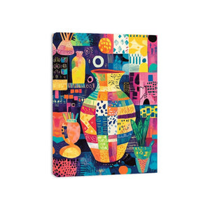 Bright patchwork vase and plant pots canvas for maximalist modern office or apartment decor.