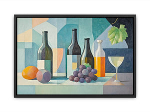 Modern cubist wine still life canvas art with bottles and grapes for dining room decor.
