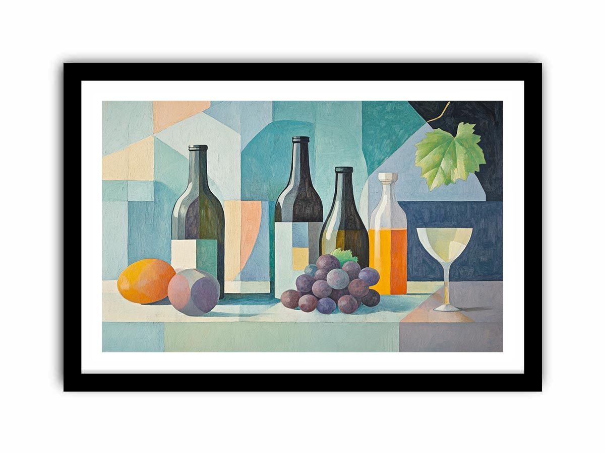 Modern cubist wine still life canvas art with bottles and grapes for dining room decor.
