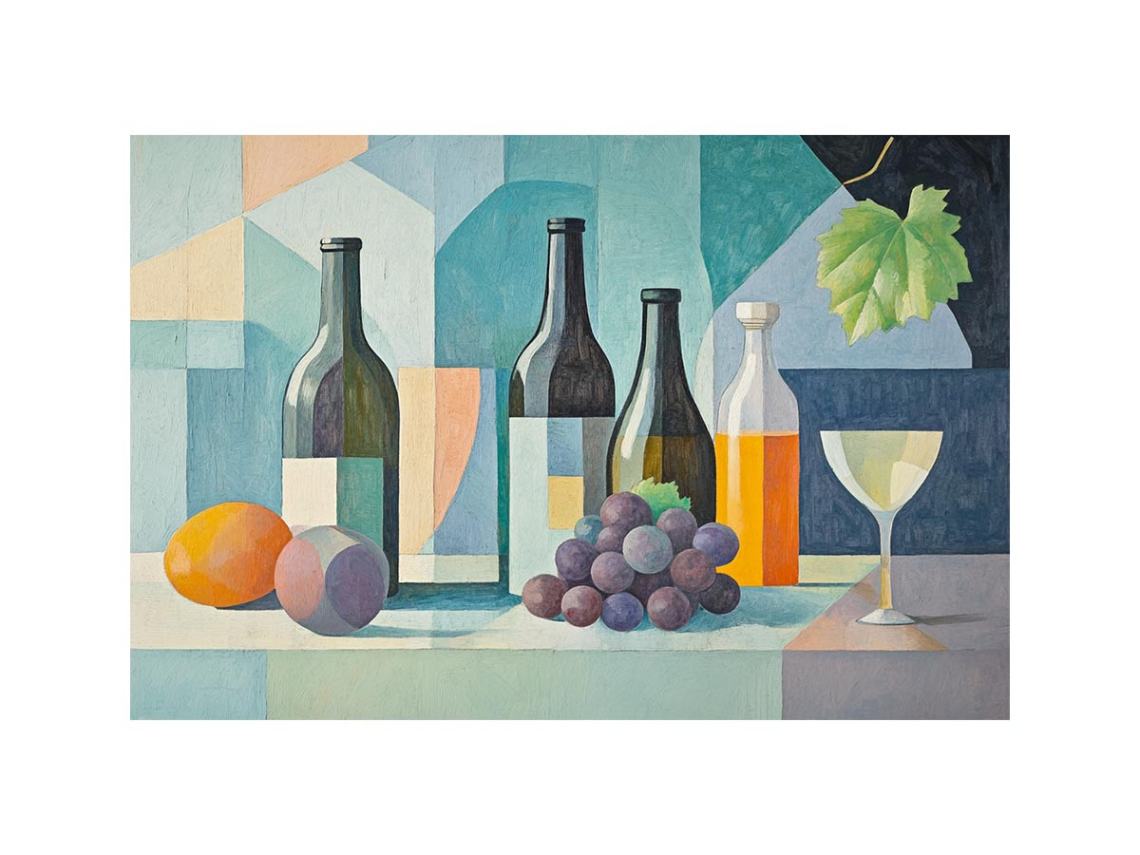 Modern cubist wine still life canvas art with bottles and grapes for dining room decor.