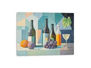 Modern cubist wine still life canvas art with bottles and grapes for dining room decor.