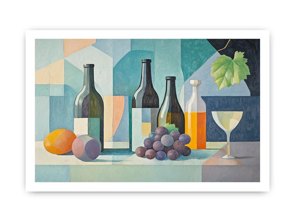 Modern cubist wine still life canvas art with bottles and grapes for dining room decor.