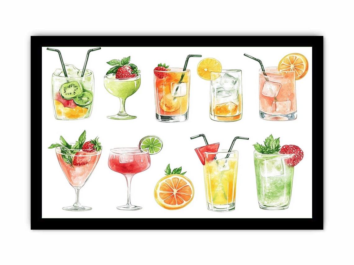 Colorful watercolor cocktail canvas art with fruit drinks for kitchen or home bar decor.