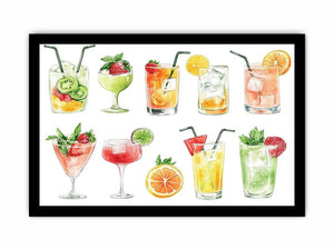 Colorful watercolor cocktail canvas art with fruit drinks for kitchen or home bar decor.