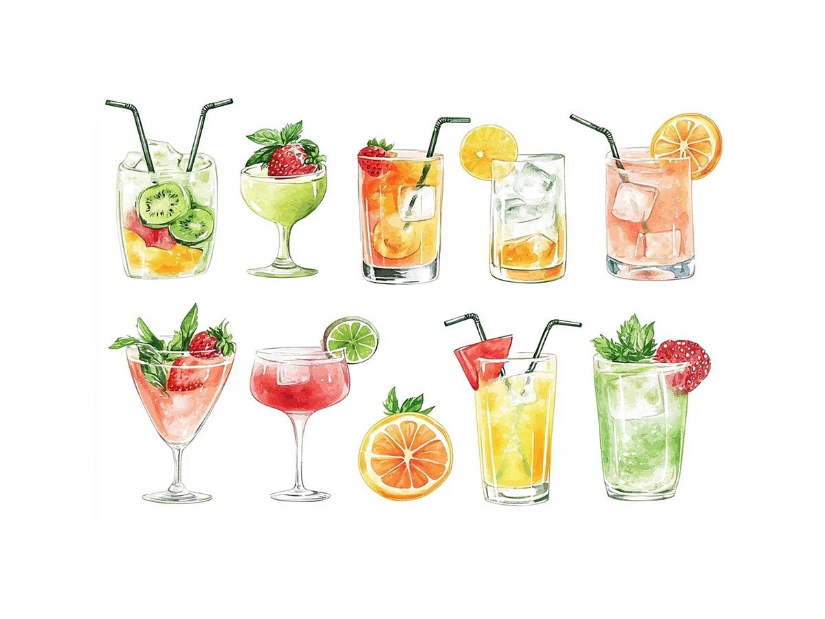 Colorful watercolor cocktail canvas art with fruit drinks for kitchen or home bar decor.
