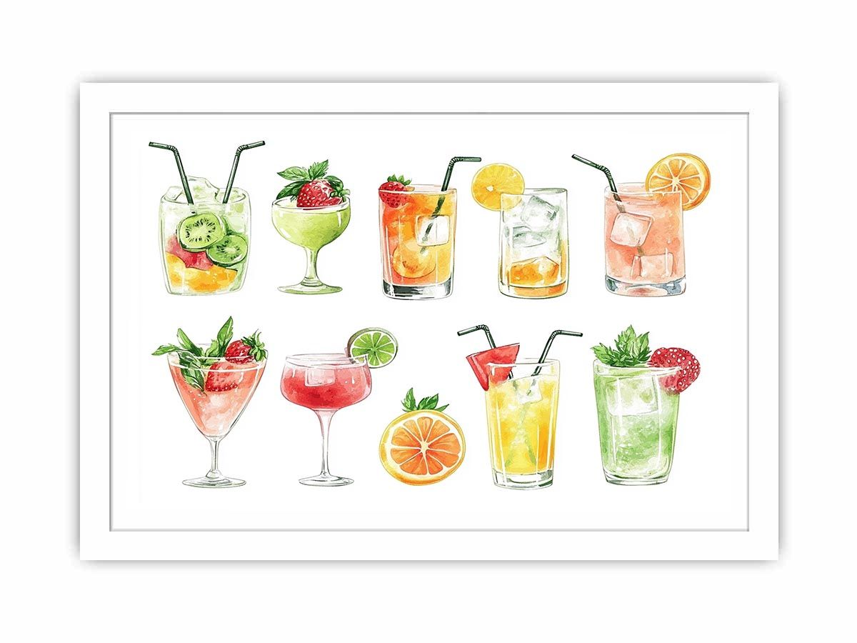 Colorful watercolor cocktail canvas art with fruit drinks for kitchen or home bar decor.