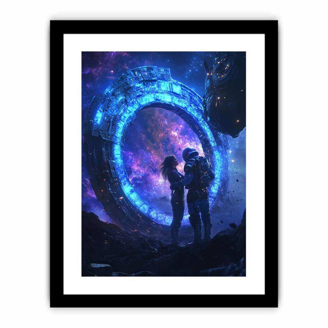 Dramatic sci fi portal canvas art with astronauts and galaxy for modern office decor.