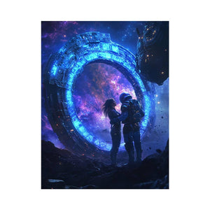 Dramatic sci fi portal canvas art with astronauts and galaxy for modern office decor.
