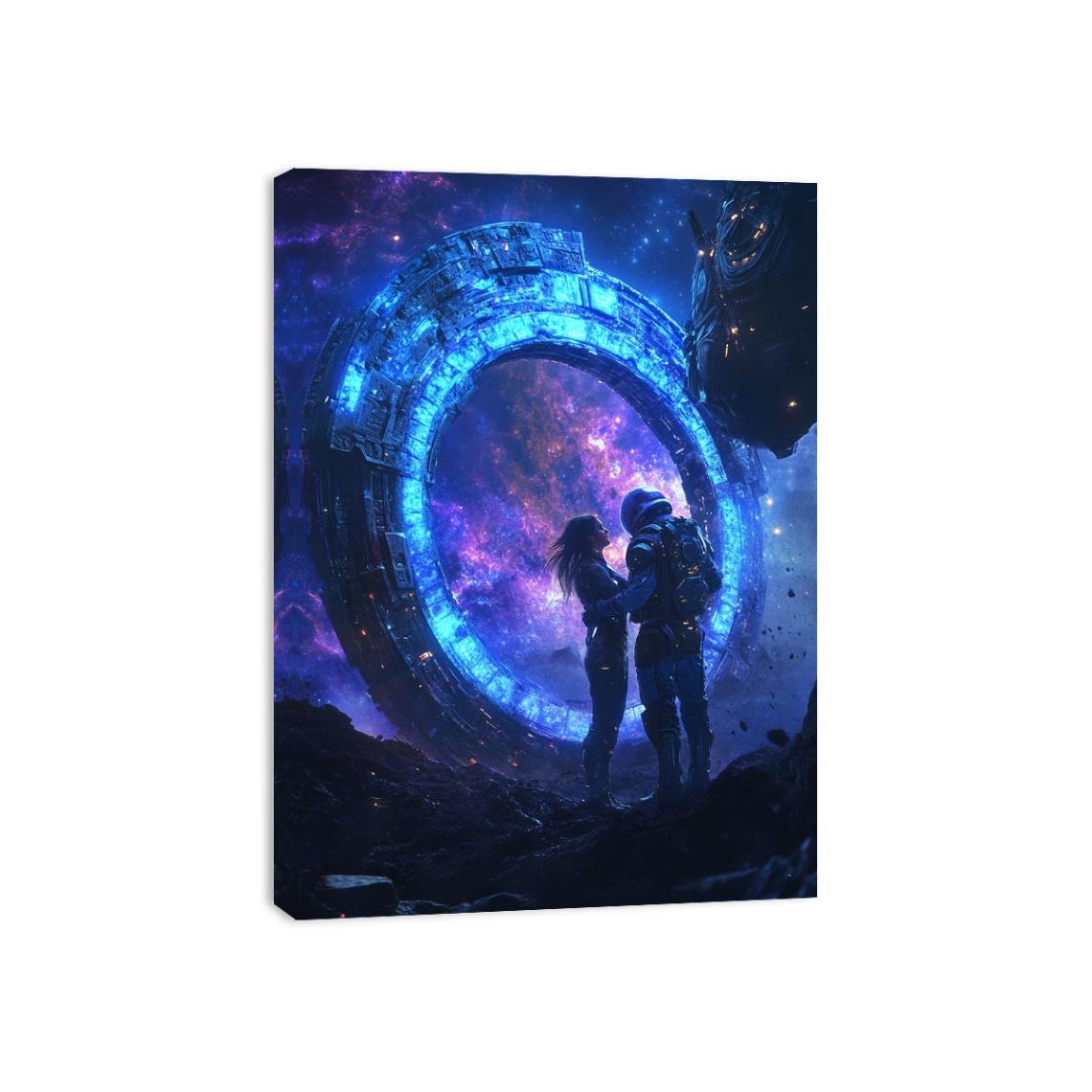 Dramatic sci fi portal canvas art with astronauts and galaxy for modern office decor.