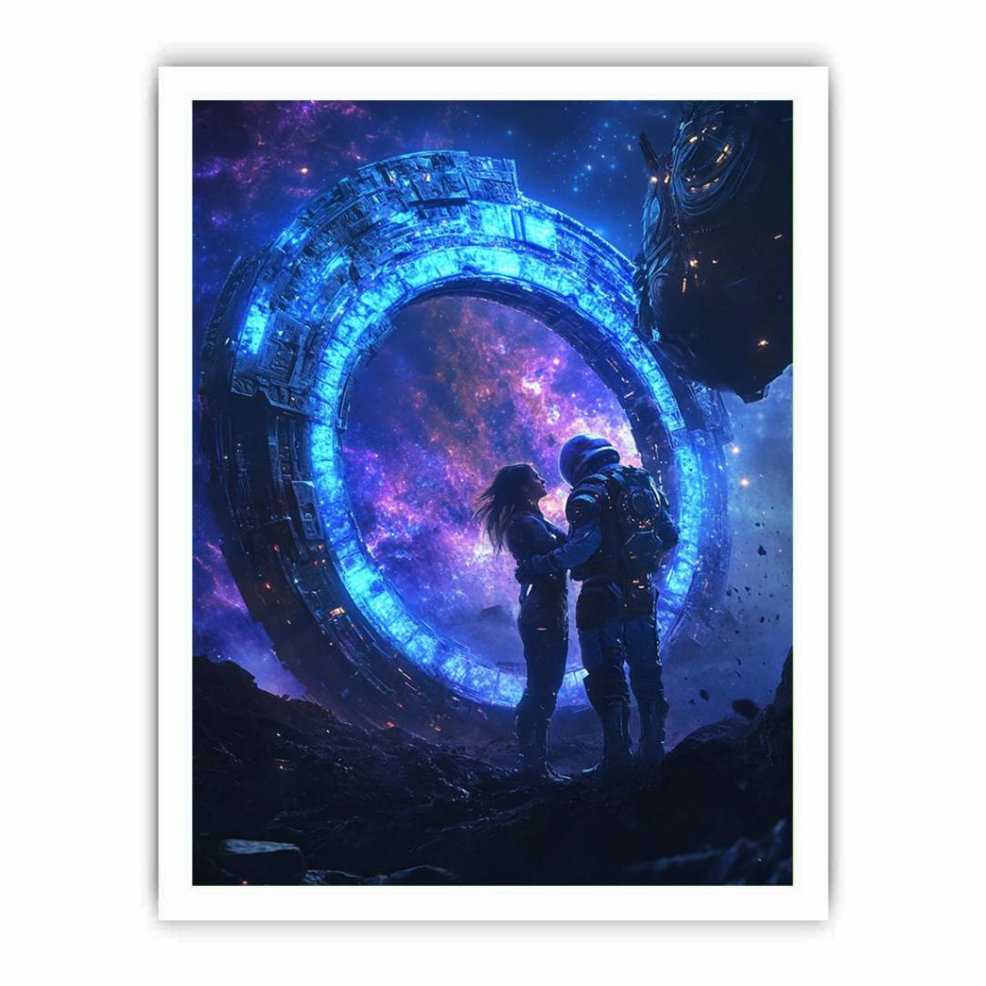 Dramatic sci fi portal canvas art with astronauts and galaxy for modern office decor.