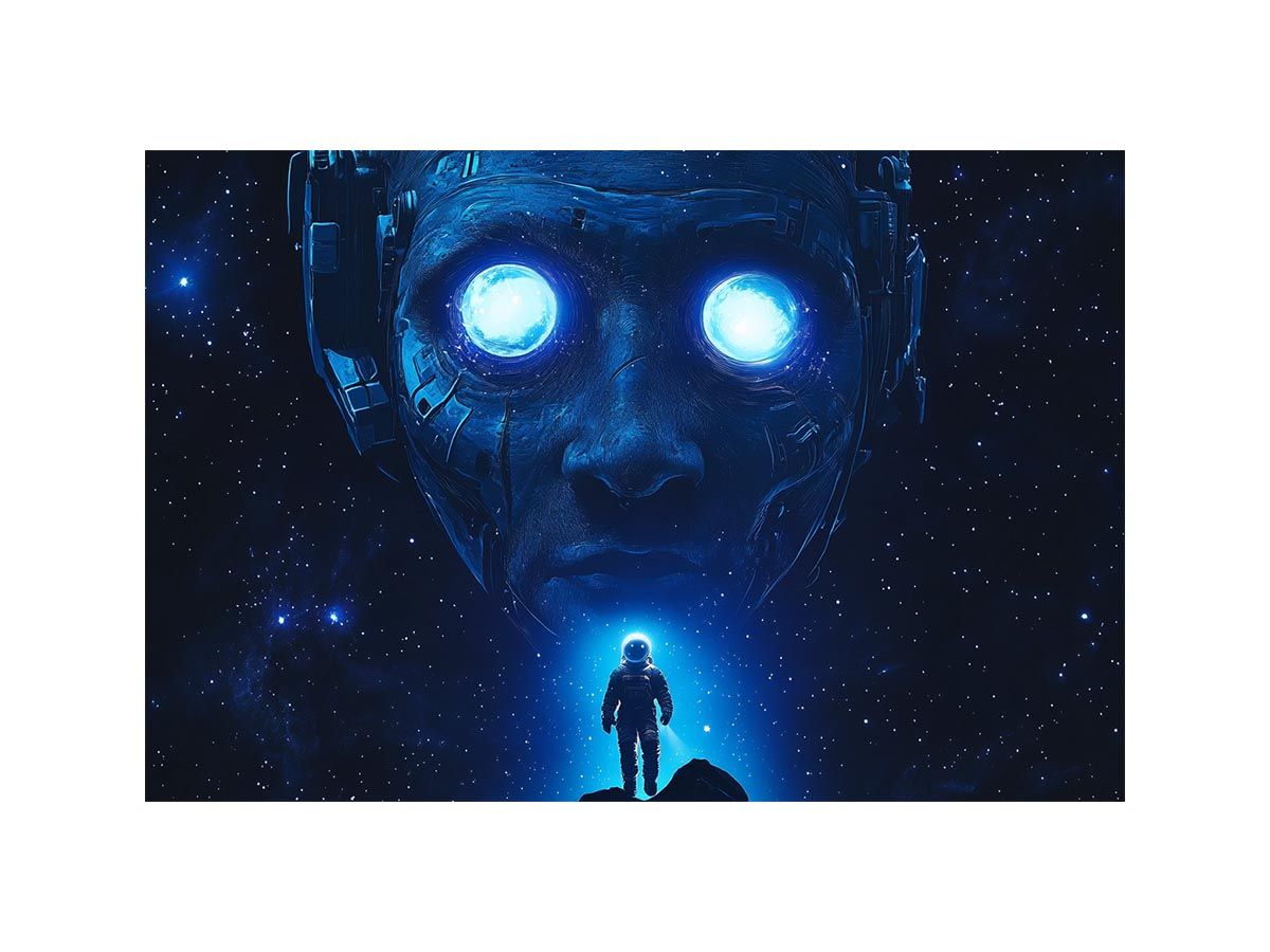Futuristic sci fi astronaut canvas art with glowing robot face for office wall decor.