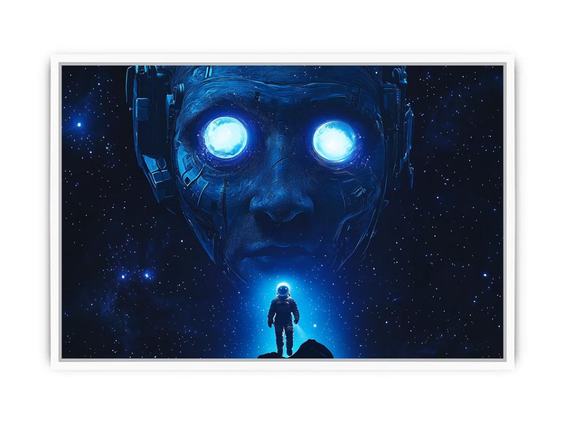 Futuristic sci fi astronaut canvas art with glowing robot face for office wall decor.