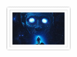Futuristic sci fi astronaut canvas art with glowing robot face for office wall decor.