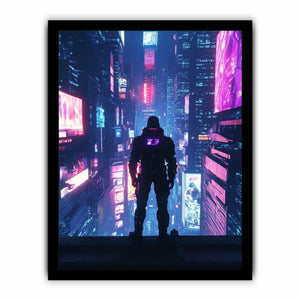 Cyberpunk neon city canvas art with futuristic figure for office or gaming room decor.