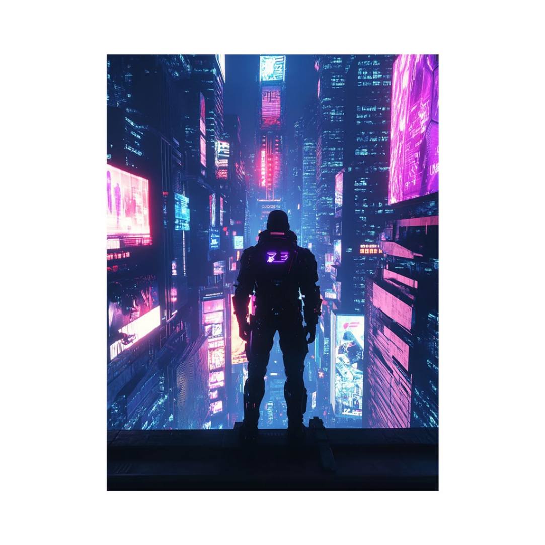 Cyberpunk neon city canvas art with futuristic figure for office or gaming room decor.