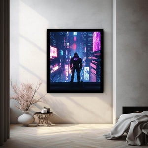 Cyberpunk neon city canvas art with futuristic figure for office or gaming room decor.