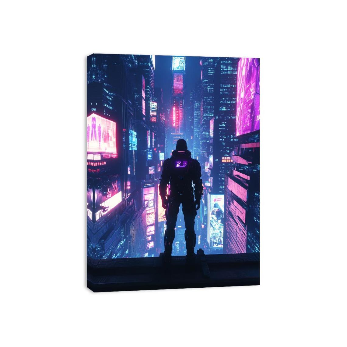 Cyberpunk neon city canvas art with futuristic figure for office or gaming room decor.