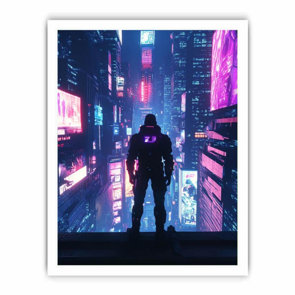 Cyberpunk neon city canvas art with futuristic figure for office or gaming room decor.
