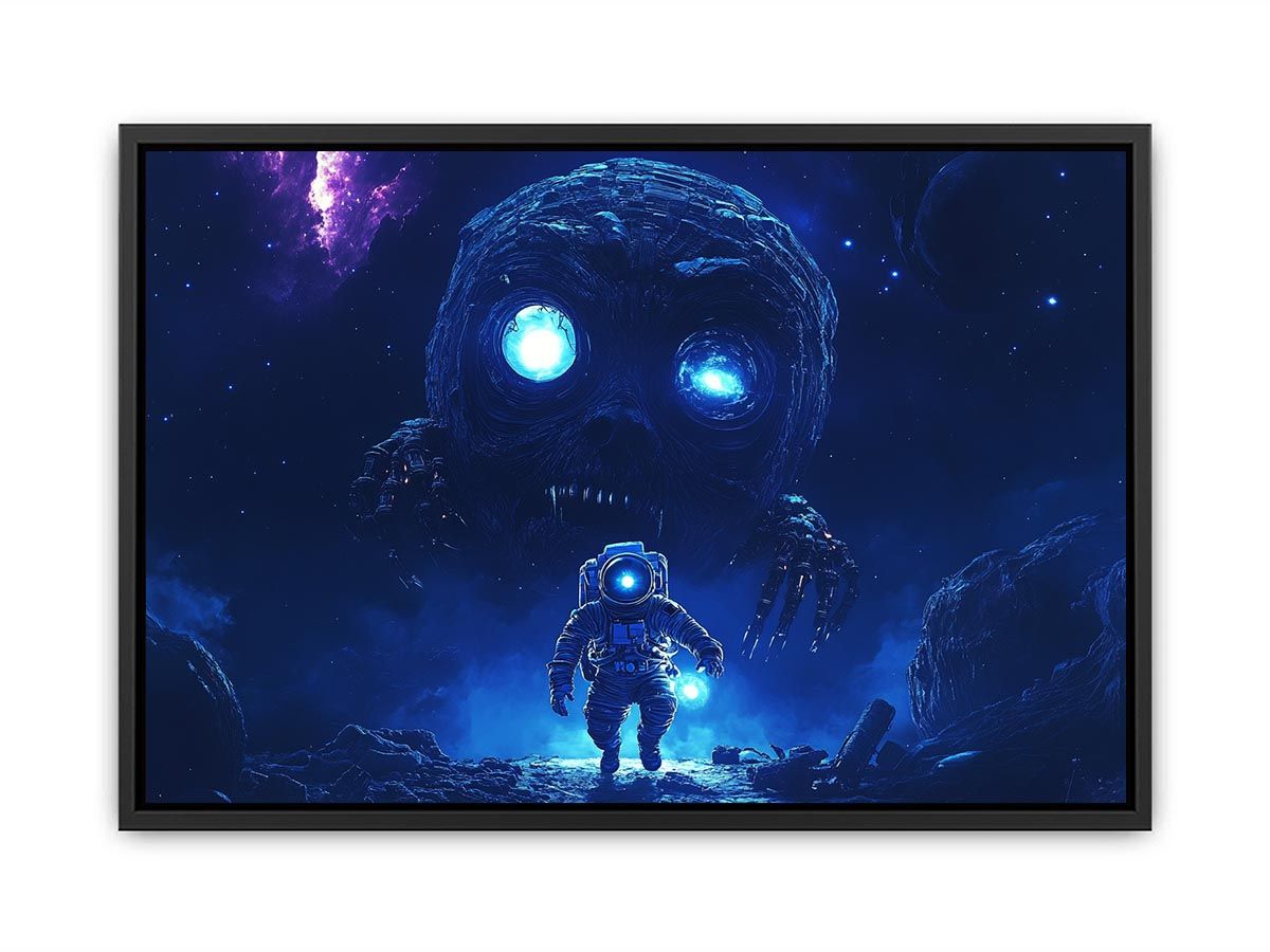 Dramatic space monster canvas art with astronaut and glowing blue eyes for media room decor.
